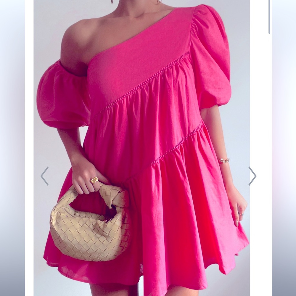 Asymmetrical Neck Puff Sleeve Smock Dress